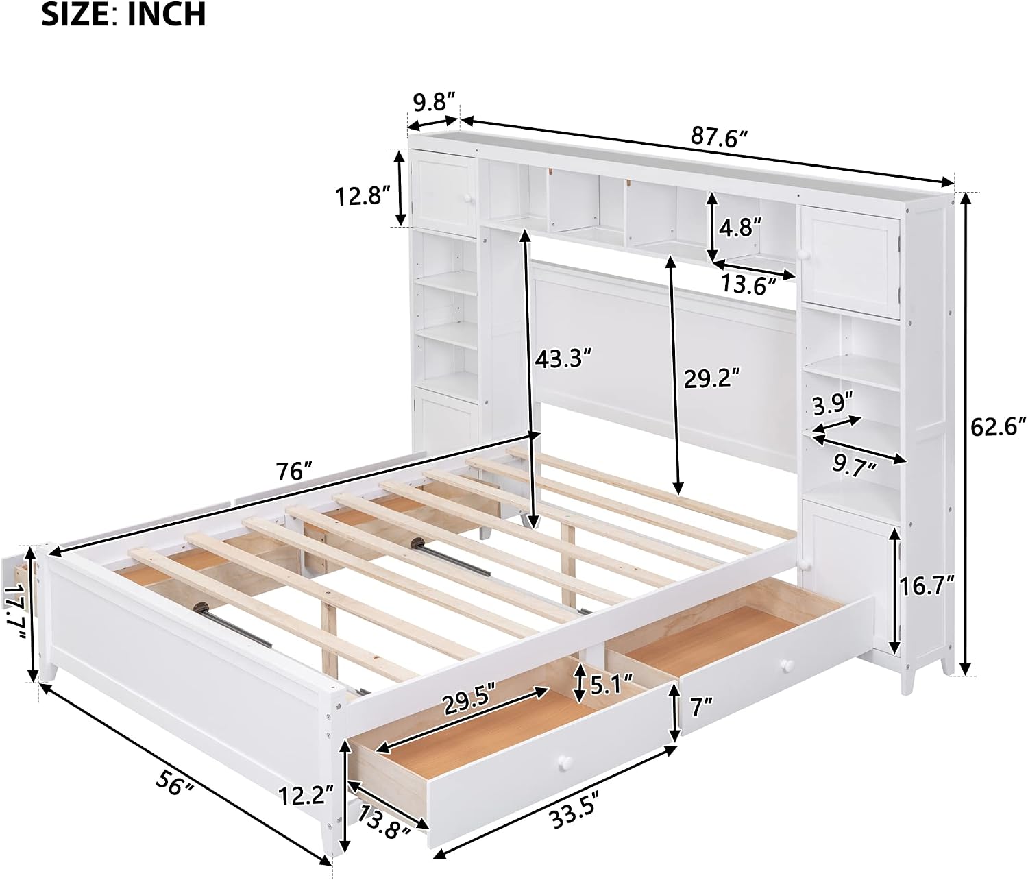 SOFTSEA Full Size Platform Bed with Bookcase Headboard, Full Storage Bed with 4 Drawers, Solid Wood Bed Frame with Storage Cabinets and Shelves for Kids Adults, No Box Spring Needed, White