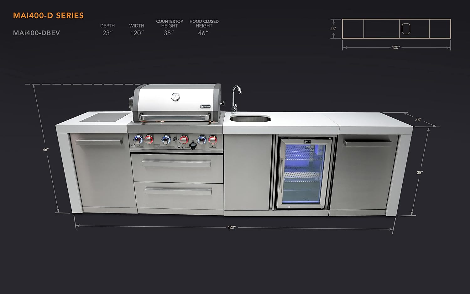 Mont Alpi 120'W Deluxe Stainless Steel Outdoor Kitchen Island with 32'W 4-Burner BBQ Gas Grill + Beverage Center Faucet & Sink + Refrigerator + Side Burner Pizza Oven + Charcoal Tray + Griddle Plate