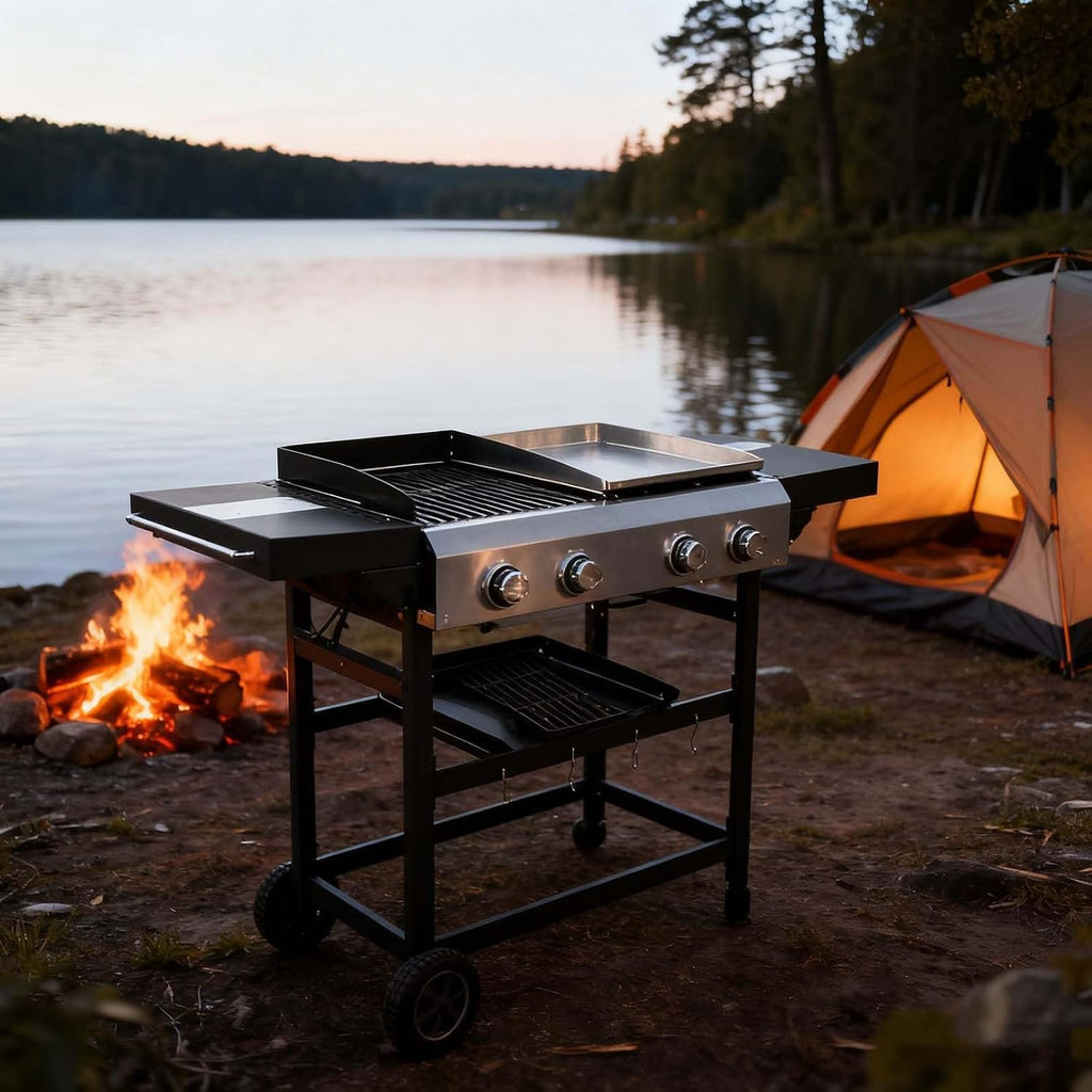 Grill Propane,Expert Gas & Griddle Combo, 2-Burner Outdoor Cooking BBQ with Cover for Camping, Tailgating, Black & Silver