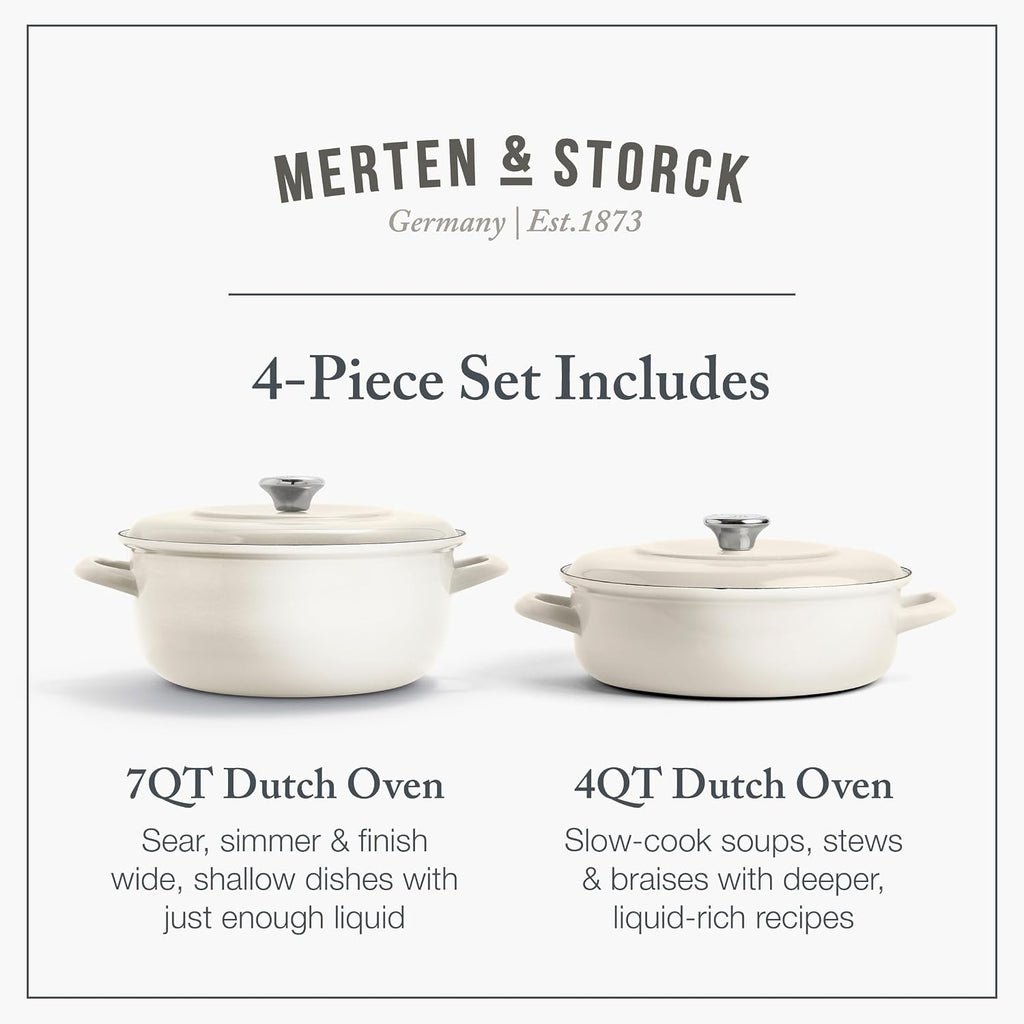 Merten & Storck 3.7QT & 5.5QT Dutch Ovens with Lids, 4 Piece Cookware Set, European Crafted Enameled Iron Stockpot, Induction & All Cooktops, Braising, Stews, Roasting, Slow Cooking, Sourdough, Cream White