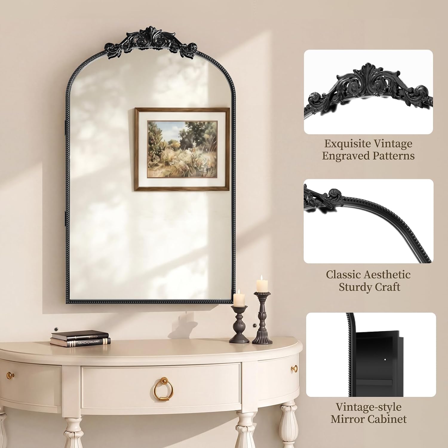 Bathroom Medicine Cabinet with Mirror, Sturdy, Durable & Easy Installation, Vintage Metal Frame (Black Beads, 16'x24')