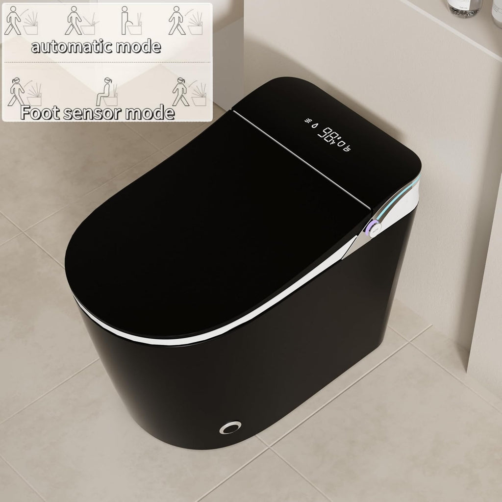 Smart Toilet with Heated Seat & Auto Flush - Bidet, Warm Air Dryer, Night Light, Auto Open/Close Lid, Soft Close Matte Black and White .(Elongated)