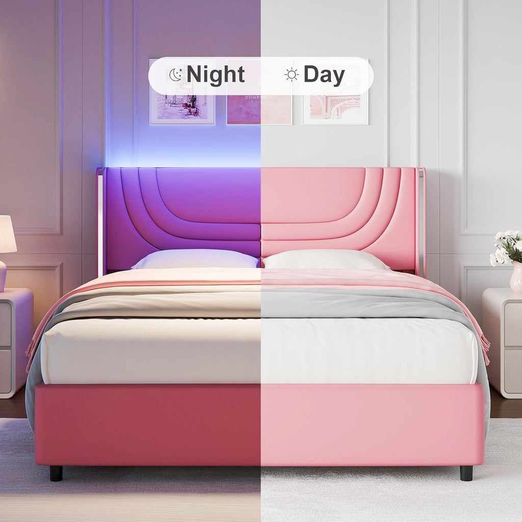 REVOMINCA Pink Full Size Bed Frame with LED Lights, Faux Leather Upholstered Platform with Silver Wingback Headboard, Modern Style, No Box Spring Needed, Easy Assembly