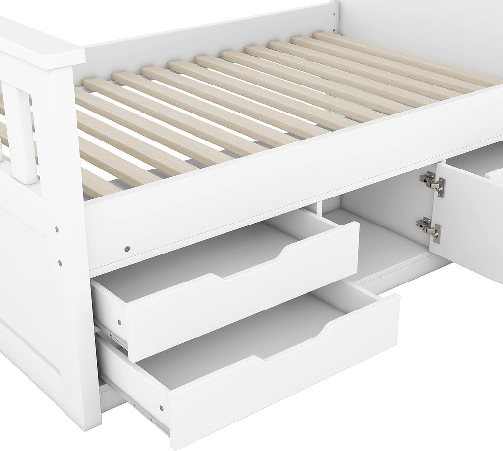 SOFTSEA Twin Size Captains Bed Frame with Storage Drawers, Wood Platform Bed with Bookcase Headboard, Storage Shelves and Doors for Kids Teens, No Box Spring Needed, White