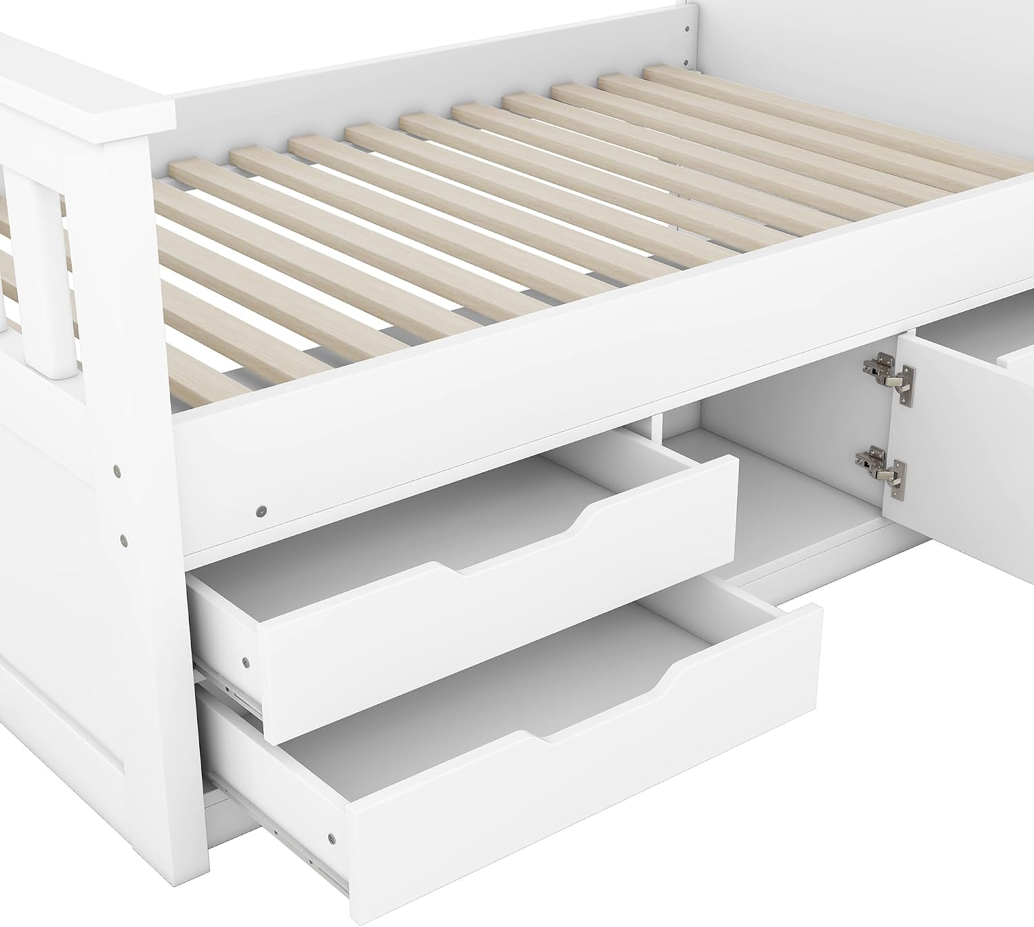 SOFTSEA Twin Size Captains Bed Frame with Storage Drawers, Wood Platform Bed with Bookcase Headboard, Storage Shelves and Doors for Kids Teens, No Box Spring Needed, White