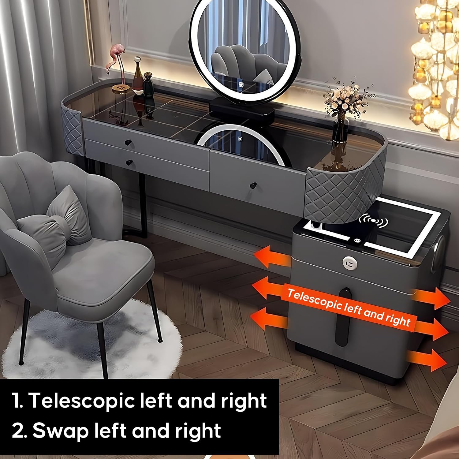 Vanity Desk, Simple Vanities with Chair and Side Cabinet with Drawers, Modern Dressing Table with LED Smart Round Mirror and Tempered Glass Countertop, Solid Wood Bedroom Makeup Vanity (Grey,47')