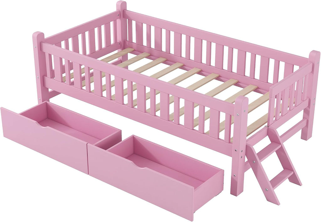 VilroCaz Twin Size Platform Bed with Guardrail and 2 Drawers, Wood Kids Platform Bed Frame with Two-Step Ladder for Boys Girls, Sturdy Slats Support (Pink-1.26)