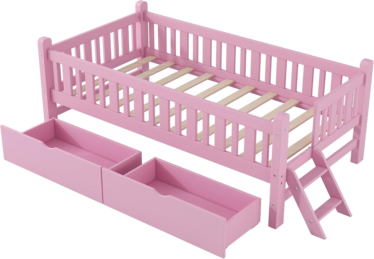 VilroCaz Twin Size Platform Bed with Guardrail and 2 Drawers, Wood Kids Platform Bed Frame with Two-Step Ladder for Boys Girls, Sturdy Slats Support (Pink-1.26)