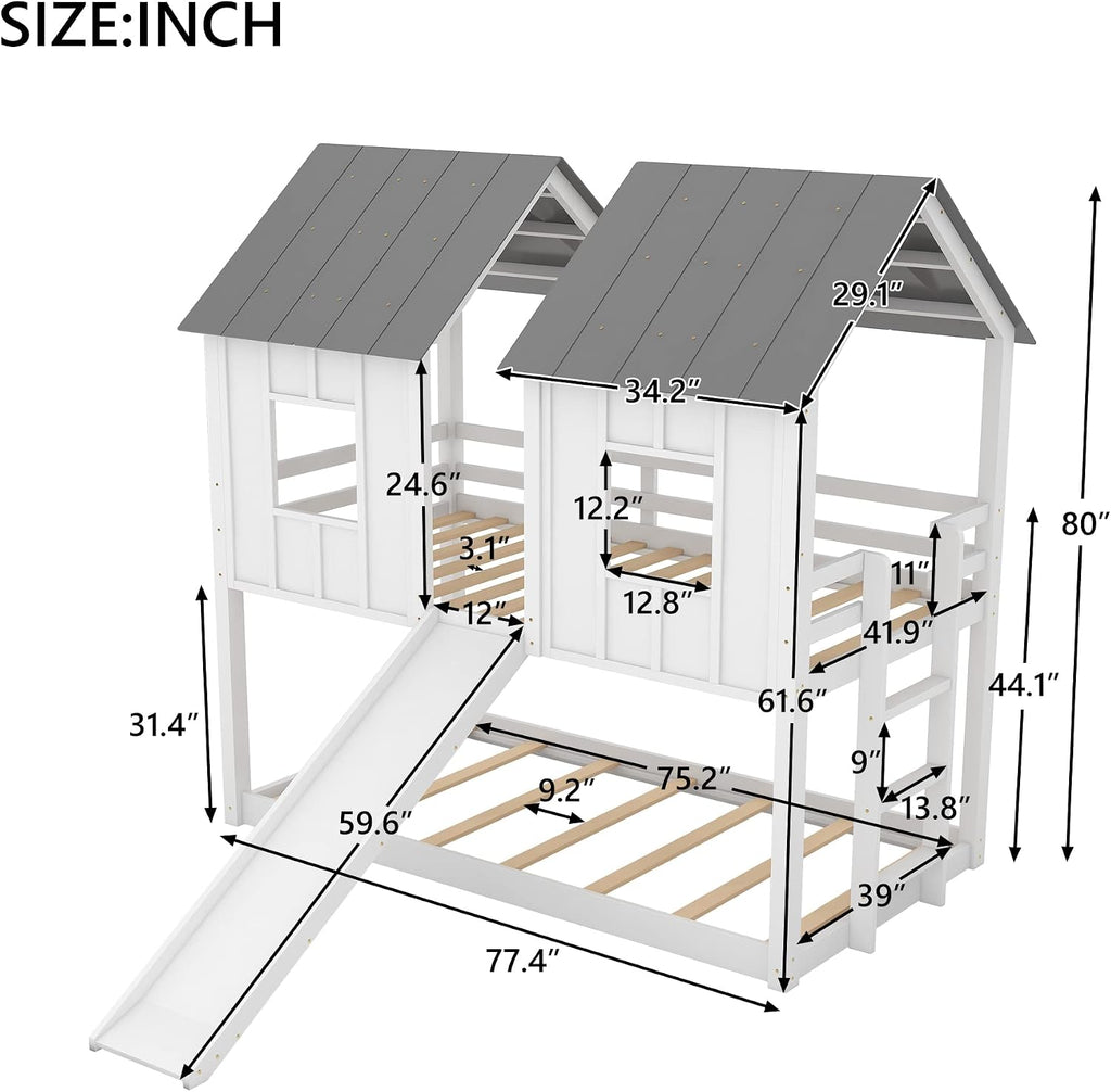 Polibi Slide Wooden Bunk Bed with Windows, Ladder, Guardrails and Twin Size in White