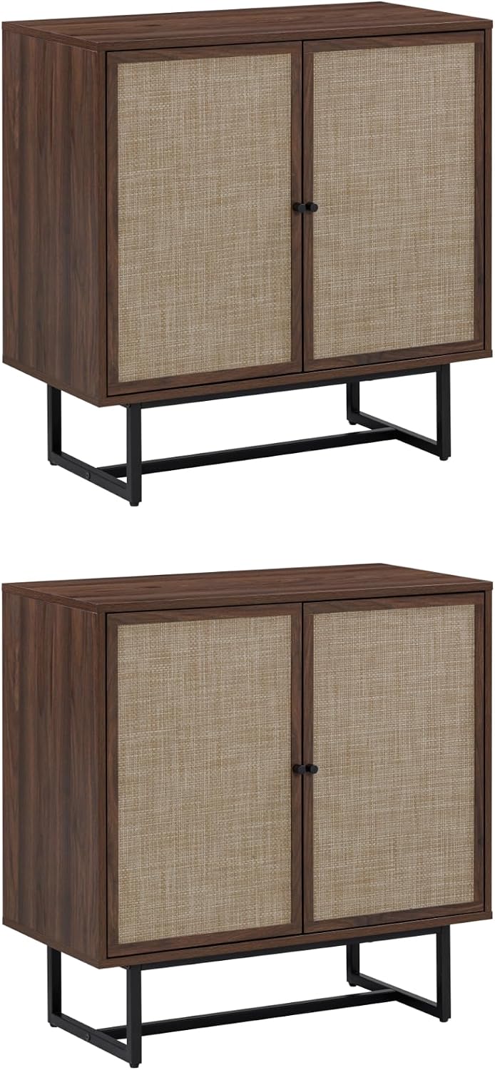 Nathan James Kova Bohemian Rattan Sideboard or TV Stand, Wooden Storage Cabinet with Doors, Walnut Sideboard Buffet or Rattan Accent Storage Cabinet with Matte Black Legs, Set of 2