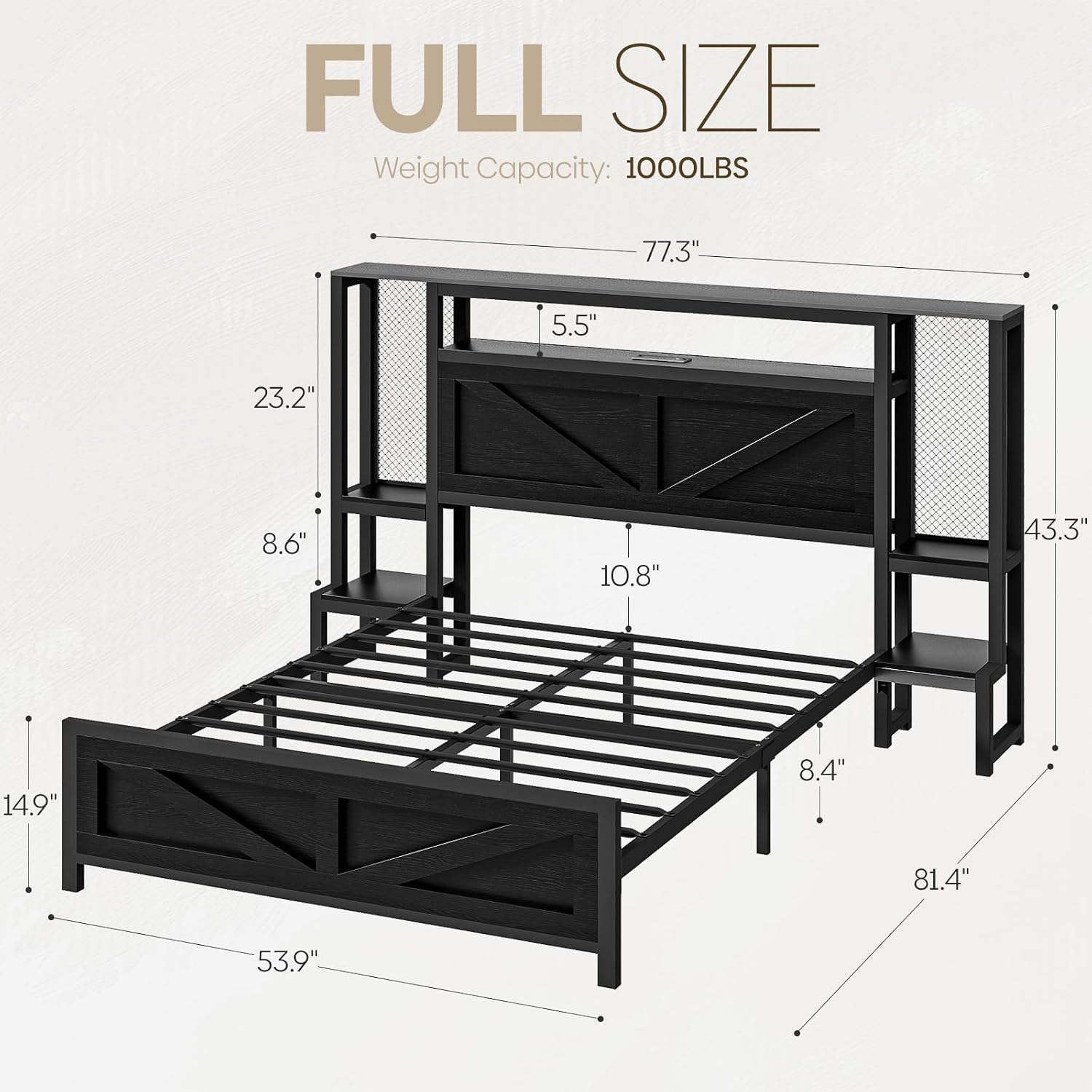 Full Size Rustic Bed Frame with Storage Born Door Headboard and Bedside Storage, Industrial Farmhouse Metal Platform Bed Frame with Charging Station and LED Lights, Black