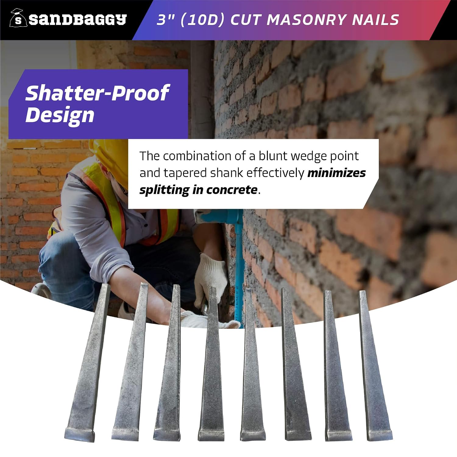 Sandbaggy 3 inch (10D) Square Cut Masonry Nails for Concrete, Brick, Mortar - 1/2' Wide Flat Heads - Construction, Cement, Brick Walls (1500)