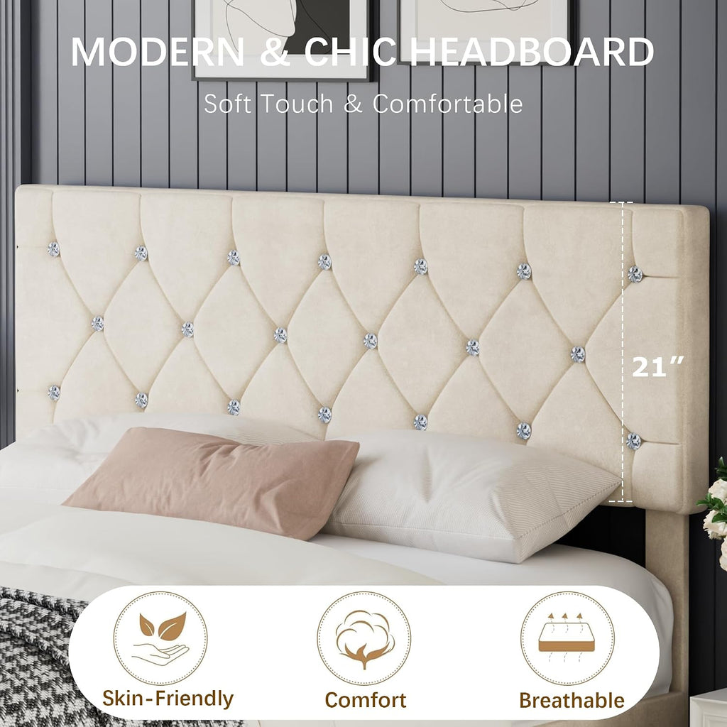 VECELO Full Size Bed Frame with Diamond Tufted Headboard, Upholstered Platform Bedframe with Wood Slat Support, No Box Spring Needed, Pala Beige