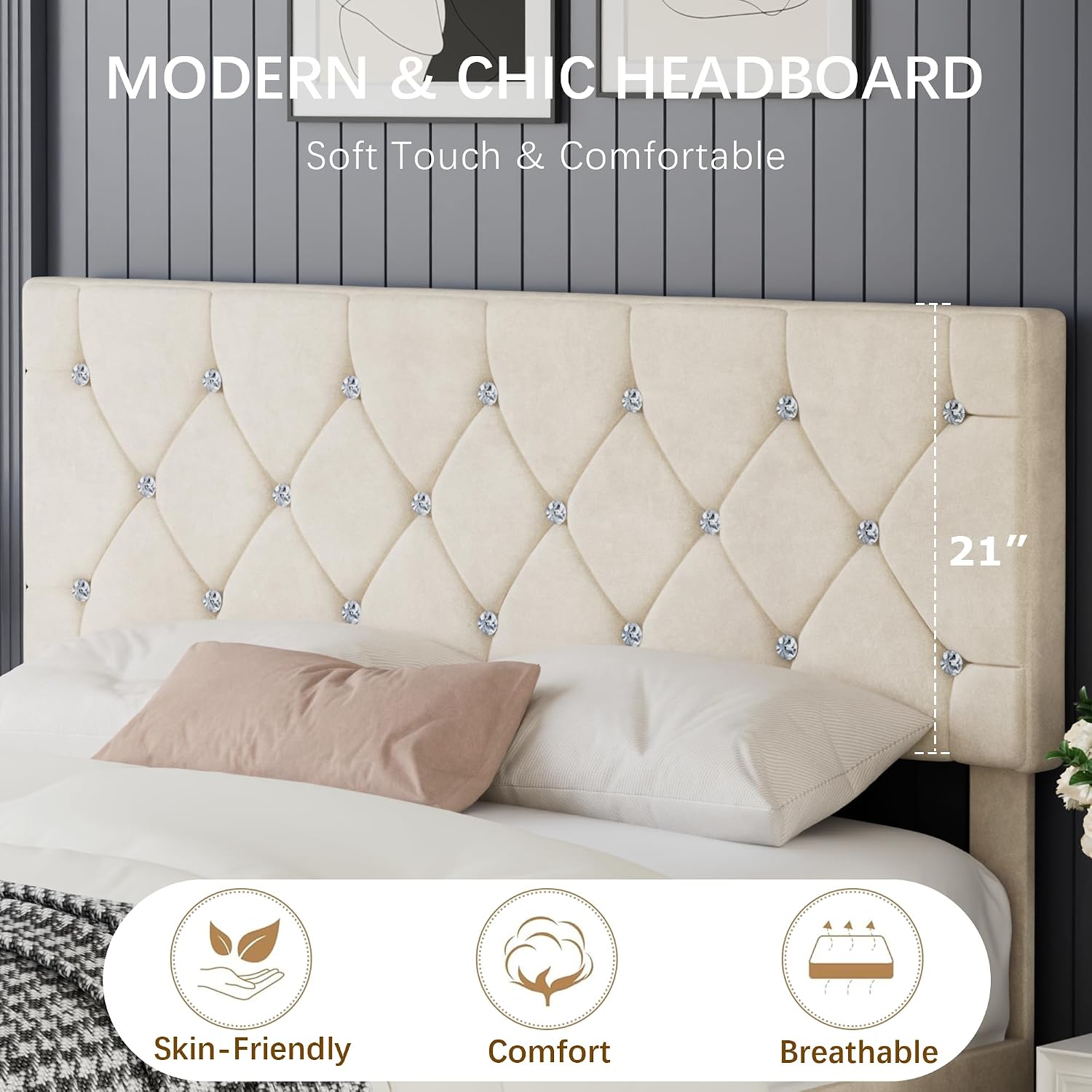 VECELO Full Size Bed Frame with Diamond Tufted Headboard, Upholstered Platform Bedframe with Wood Slat Support, No Box Spring Needed, Pala Beige