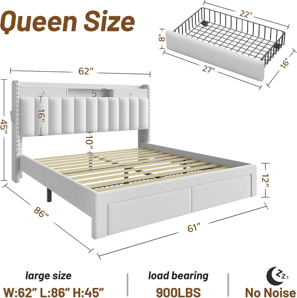 CypBed Queen Bed Frame with Headboard ＆ 4 Storage Drawers,Velvet Upholstered Platform Bed Frame Queen Size with 3 USB & Type-C Charging Ports,Solid Wood Slats,No Box Spring Needed, No-Noise,White,Gift