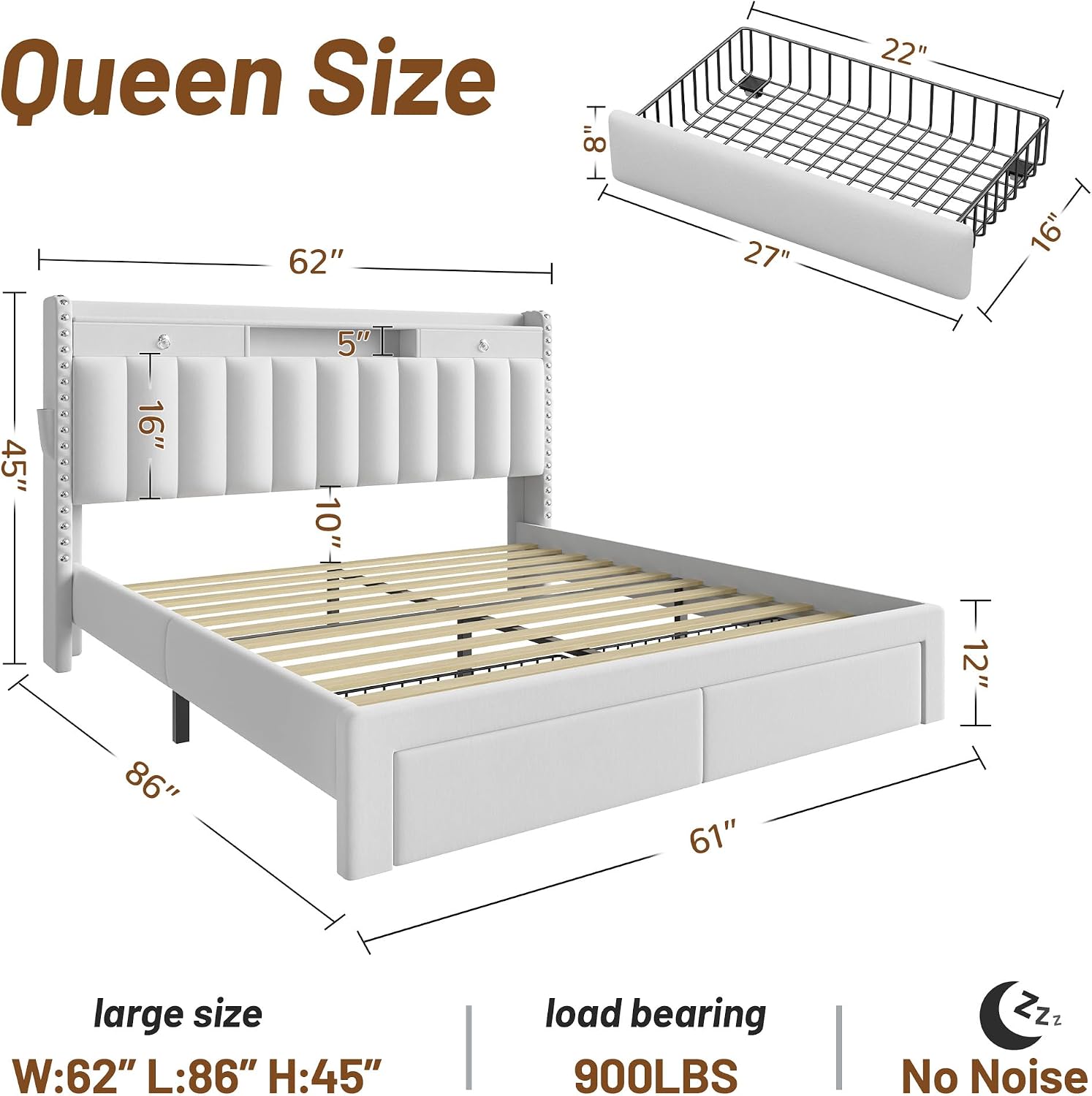 CypBed Queen Bed Frame with Headboard ＆ 4 Storage Drawers,Velvet Upholstered Platform Bed Frame Queen Size with 3 USB & Type-C Charging Ports,Solid Wood Slats,No Box Spring Needed, No-Noise,White,Gift