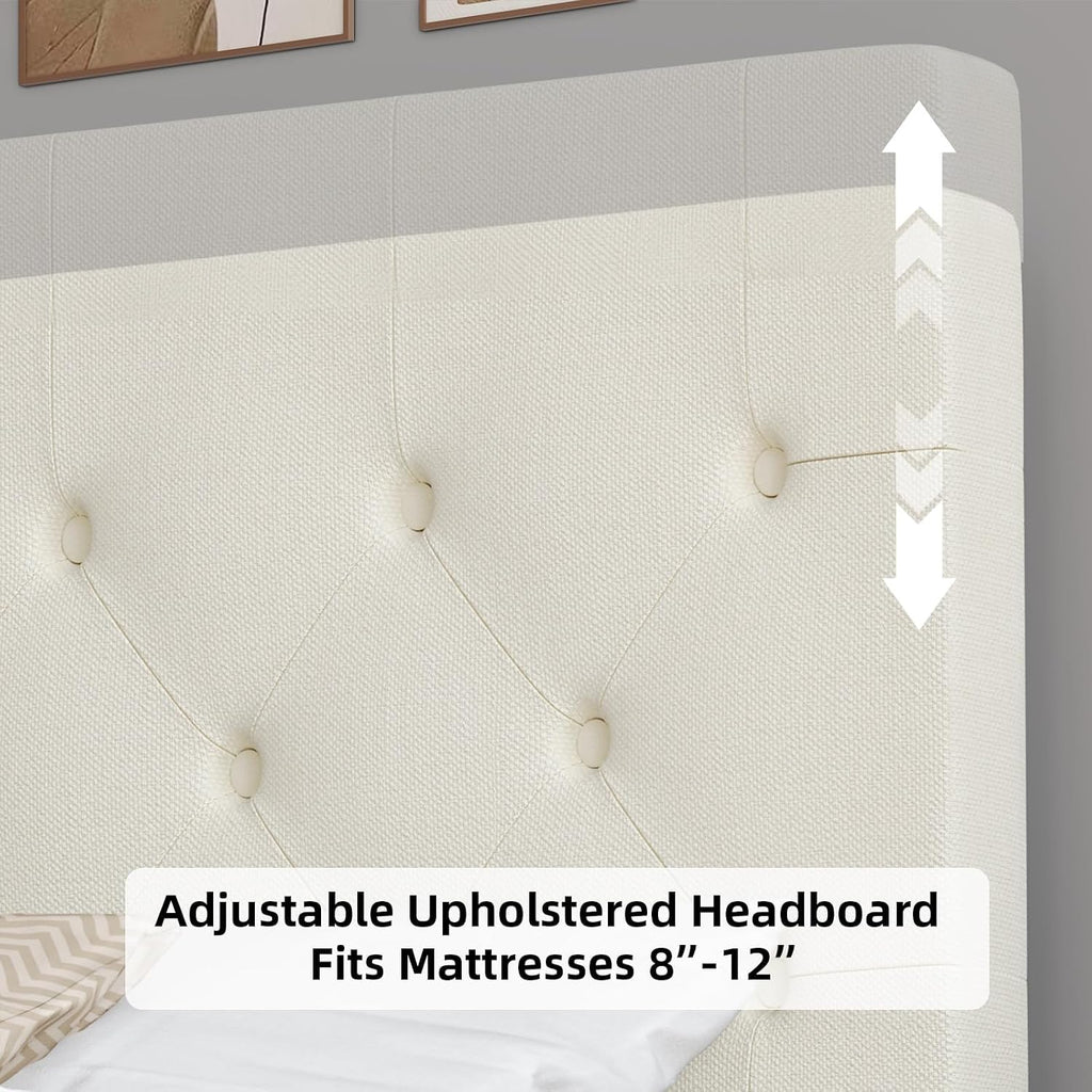 HOMBCK Queen Bed Frame, Linen Fabric Upholstered Platform Bed Frame, Button Tufted Bed Frame Queen Size, Wooden Slat Support, No Box Spring Needed, Easy Assembly, Cream