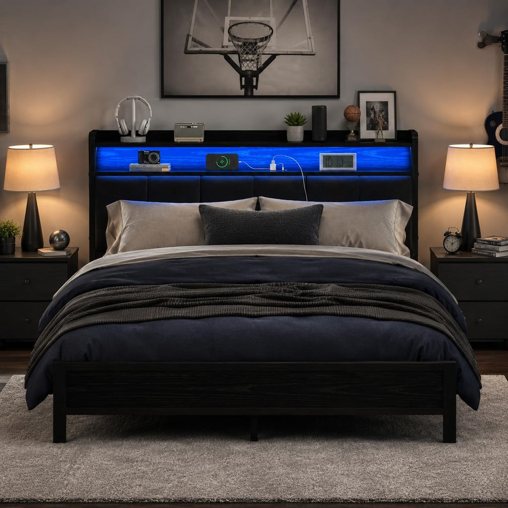 IMMERSTABLE Full Size Bed Frame with LED Lights and Charging Station, Upholstered Storage Headboard, Full Metal Platform Bed Frame with Metal Slats, No Box Spring Needed, Easy Assembly, Dark Grey