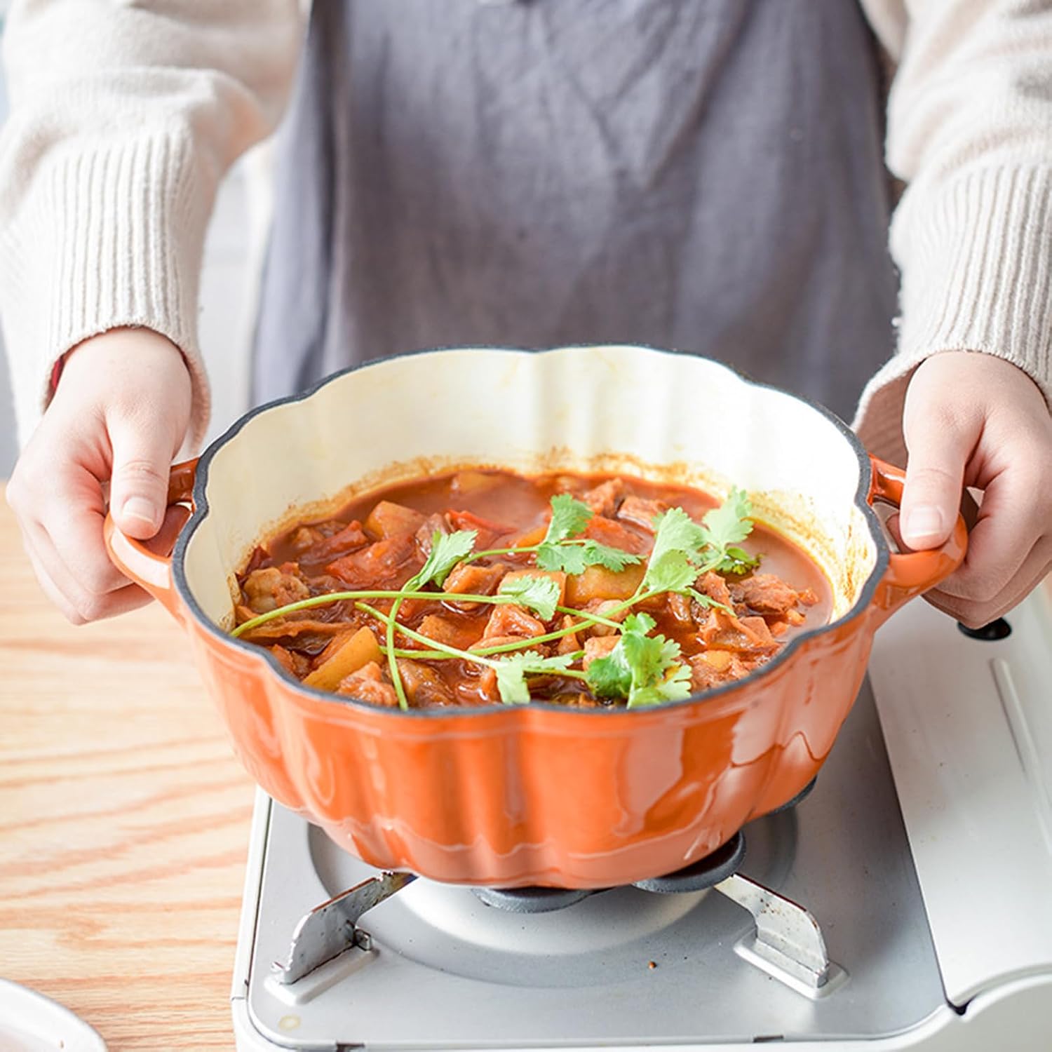 20cm/7.9in,Mswborml Pumpkin Enameled Cast Iron Dutch Oven Pot with Lid, Non-Stick Cast Iron Pot for Cooking, Bread Baking Shallow Casserole Braiser with Dual Handle, Enamel Coating, Orange