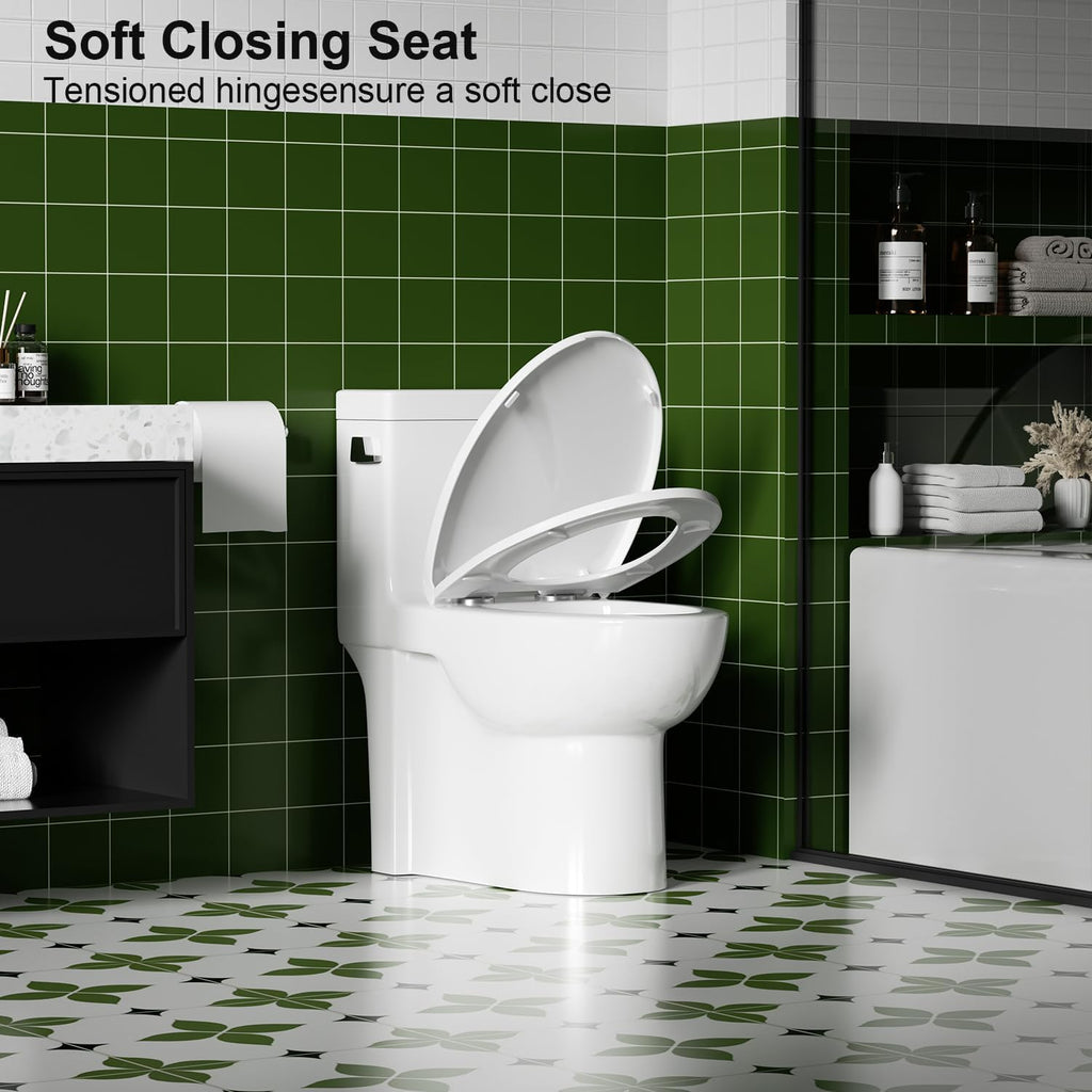 Elongated One Piece Toilet with Left-Hand Trip Lever, ADA Comfort Height, Seat Chair Height 17.3' Modern Toilet for Bathroom, 1.28 GPF, MAP 1000g, 12' Rough-In, Soft Closing Seat
