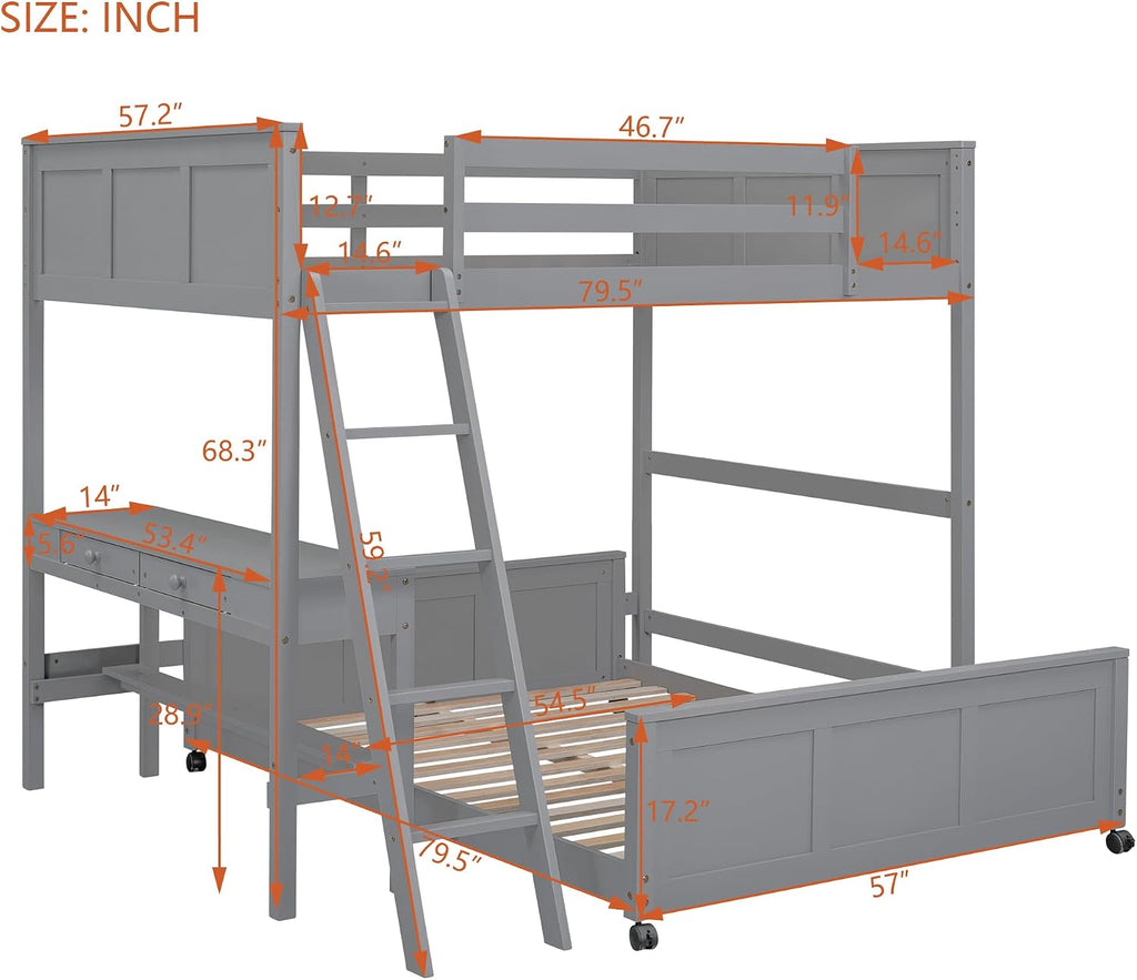 Ball & Cast Full Over Full Bunk Bed with Safty Guardrail & Stairway,Heavy Duty Wood Loft Bedframe W/Desk & Drawers,Easy Assembly,Versatile Functional Bedroom Furniture Set for Boy Girl Teens,Gray