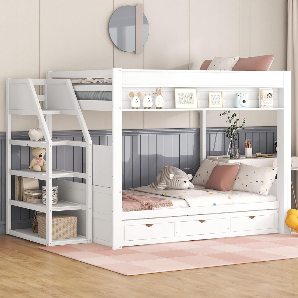 Harper & Bright Designs Full Over Full Bunk Bed with Storage Staircase and Bedside Table for 2, Wood Bunk Bed Frame with Drawers for Saving Space, White