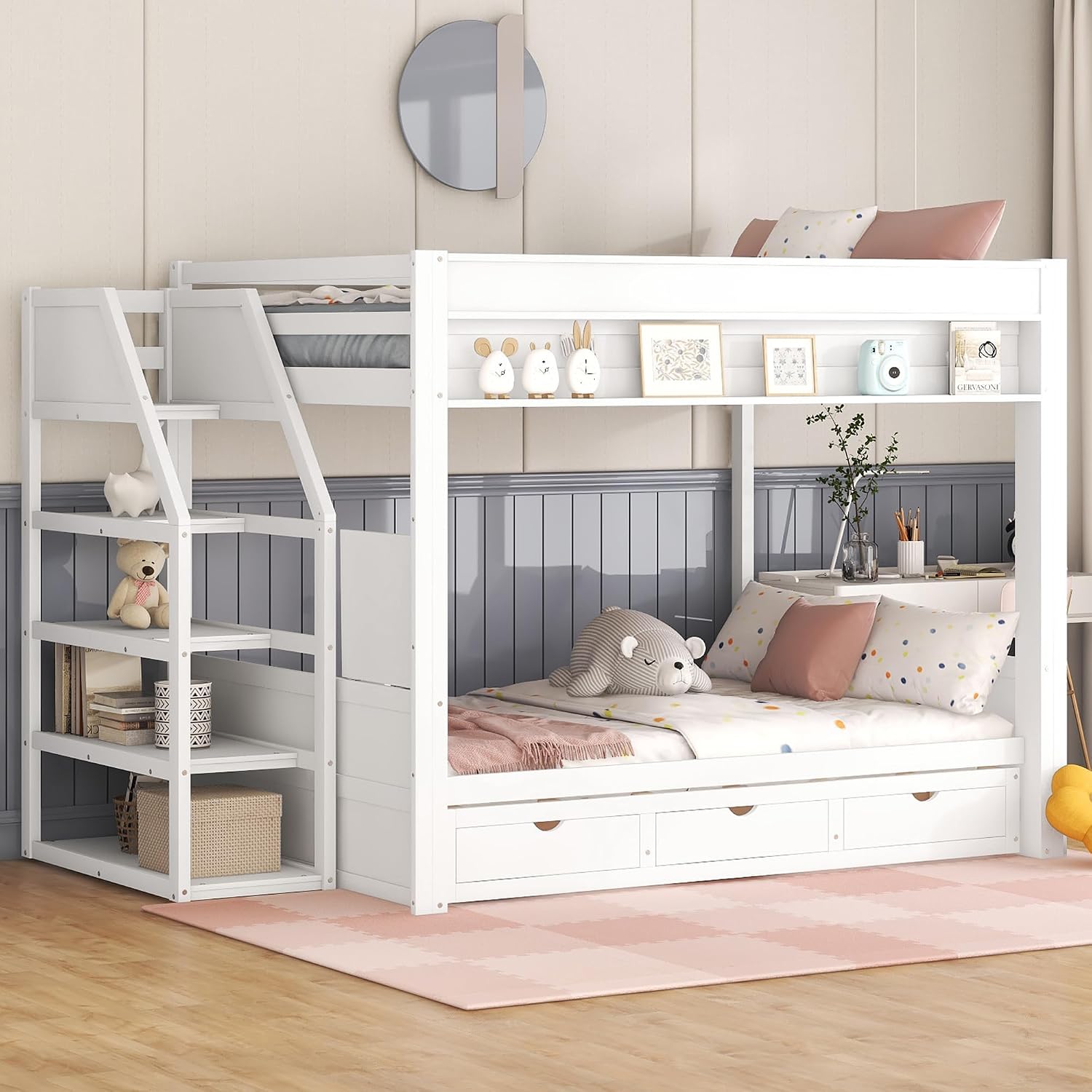 Harper & Bright Designs Full Over Full Bunk Bed with Storage Staircase and Bedside Table for 2, Wood Bunk Bed Frame with Drawers for Saving Space, White