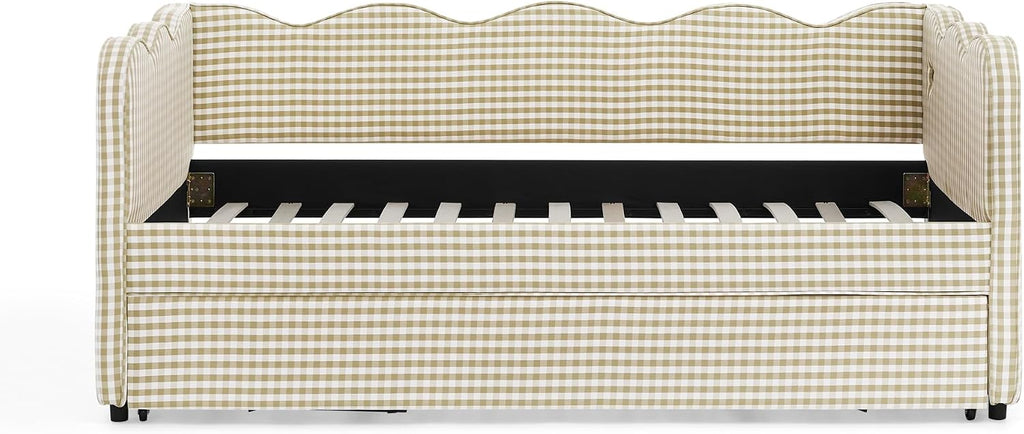 DEINPPA Twin Size Upholstered Daybed with Trundle, Gingham Daybed with USB Ports for Bedroom Living Room Guest Room-Brown