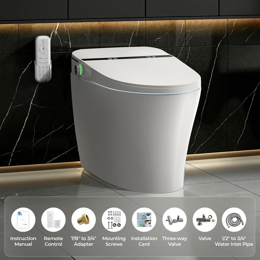 Smart Toilet With Built-in Tank Bidet, Heated Seat & Foot Sensor, Tankless Modern Elongated Electric Toilet with Warm Water Wash, Air Dryer, LED Display & 1.28 GPF