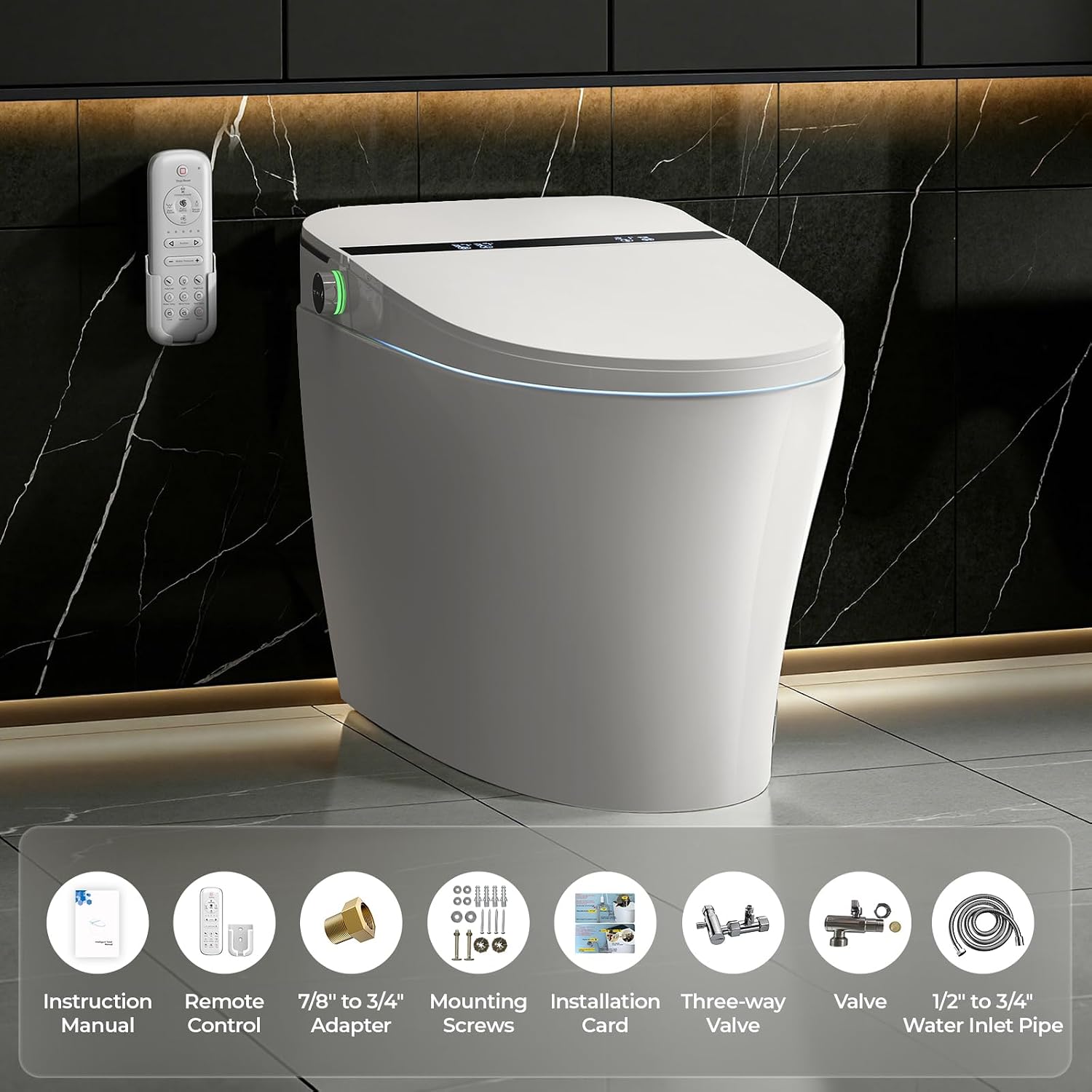 Smart Toilet With Built-in Tank Bidet, Heated Seat & Foot Sensor, Tankless Modern Elongated Electric Toilet with Warm Water Wash, Air Dryer, LED Display & 1.28 GPF