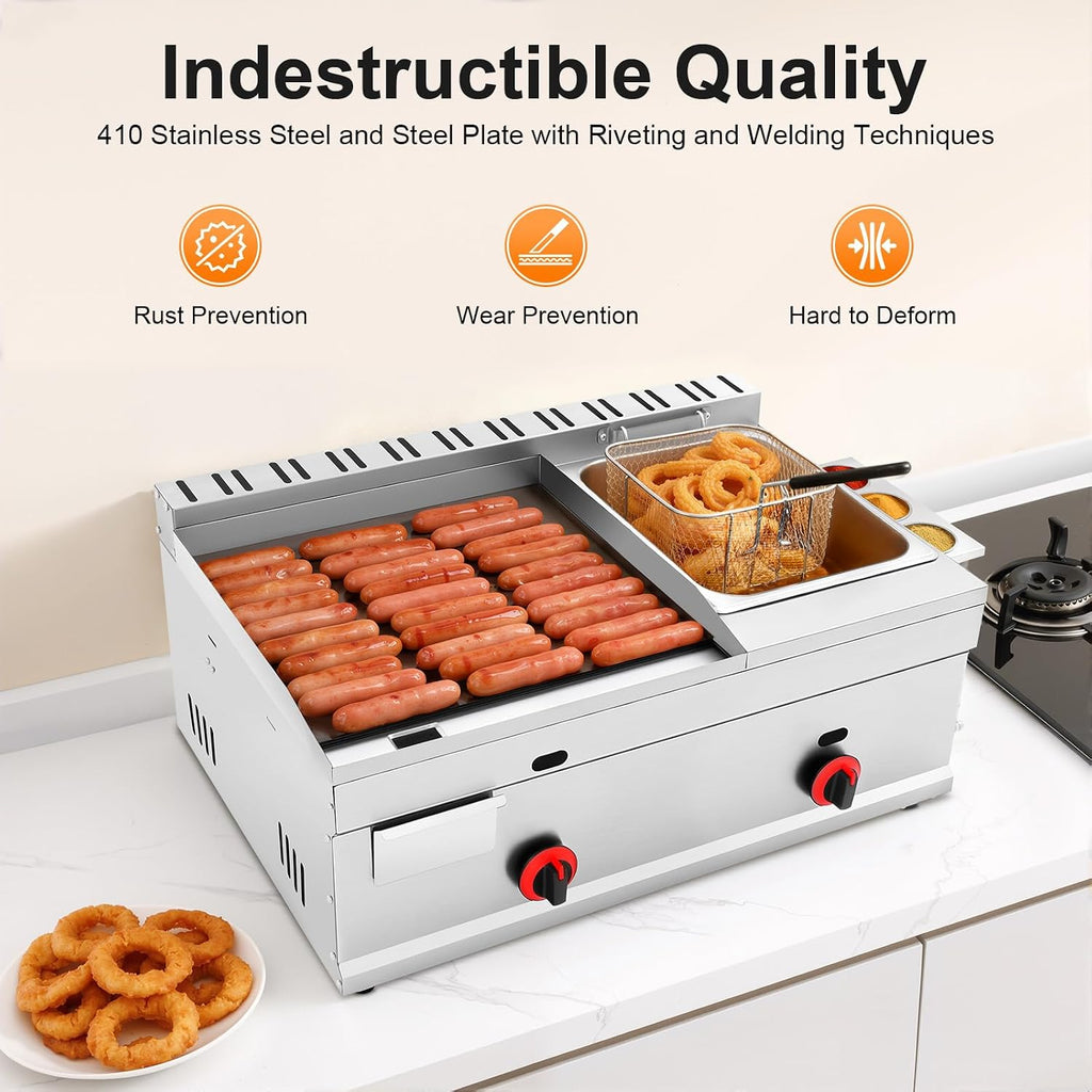 Commercial Deep Fryer, Heavy Duty Manual Flat Top Restaurant Griddle Use Liquefied Gas or Gas, Stainless Steel Portable Grill BBQ Hot Plate Grill and Deep Fryer
