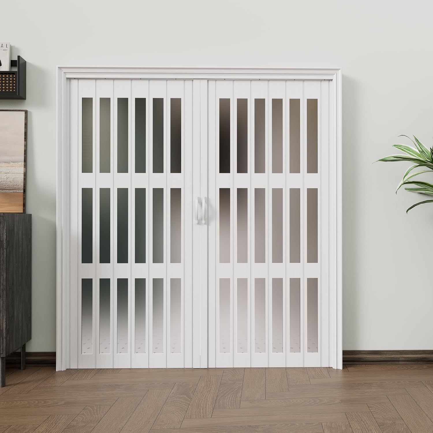 Enhanced Double-Layer Accordion Doors 48'-72' x 80', with Upgraded Roller & Handle & Complete Hardware, Interior Multifold Folding Doors for Closet & Pantry, Easy Installation