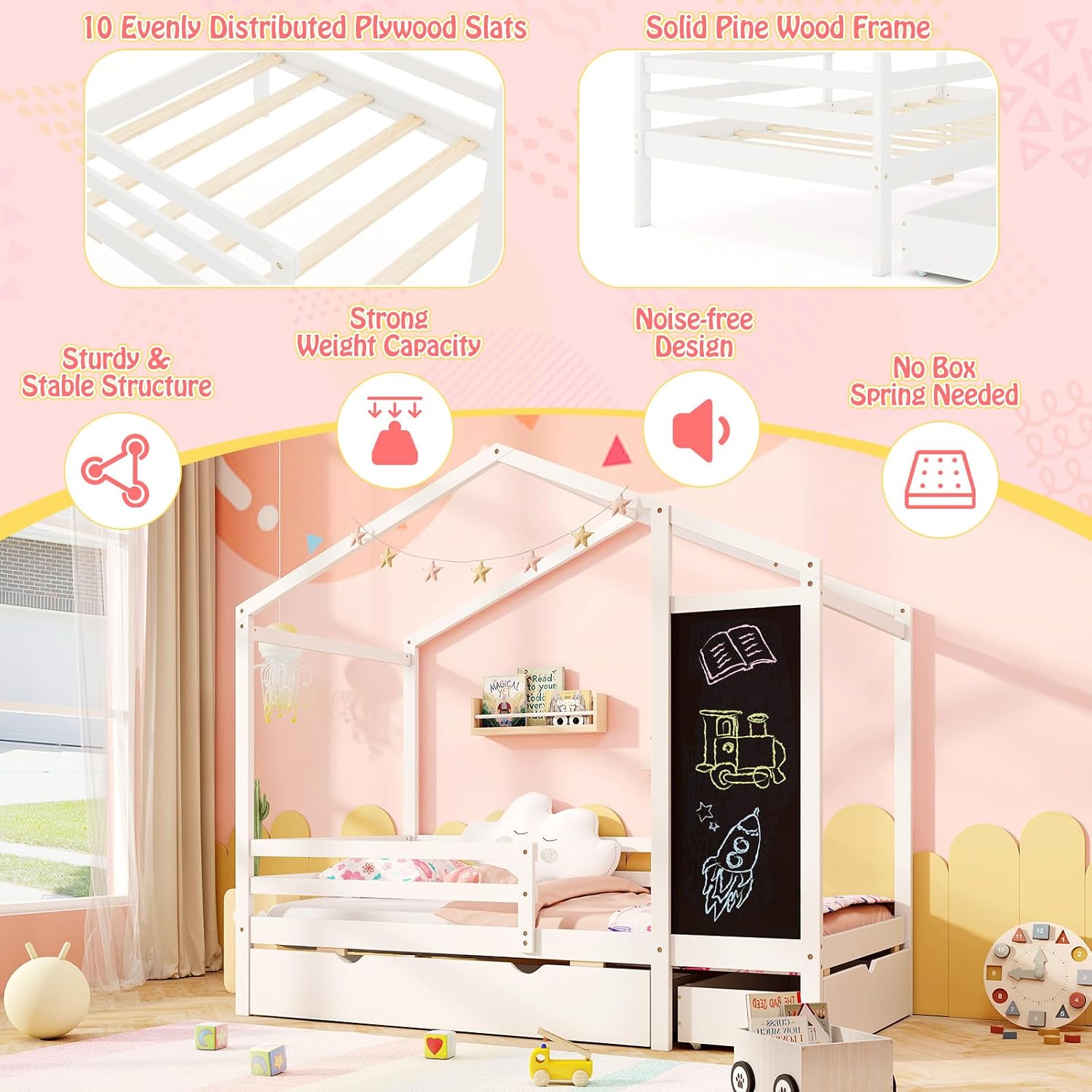 Giantex Twin Bed with 2 Storage Drawers, Solid Wood House Bed with Blackboard & Safety Guardrails, Twin House Bed w/Slats Support, No Box Spring Needed, Twin Bed Frames for Kids Girls Boys (White)