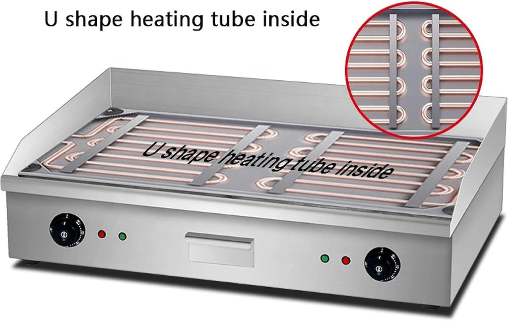 5000W Commercial Flat Top Electric Griddle – Dual Temperature Control, Stainless Steel Teppanyaki Countertop Grill, Adjustable Temp 50°C-300°C, with Grease Tray