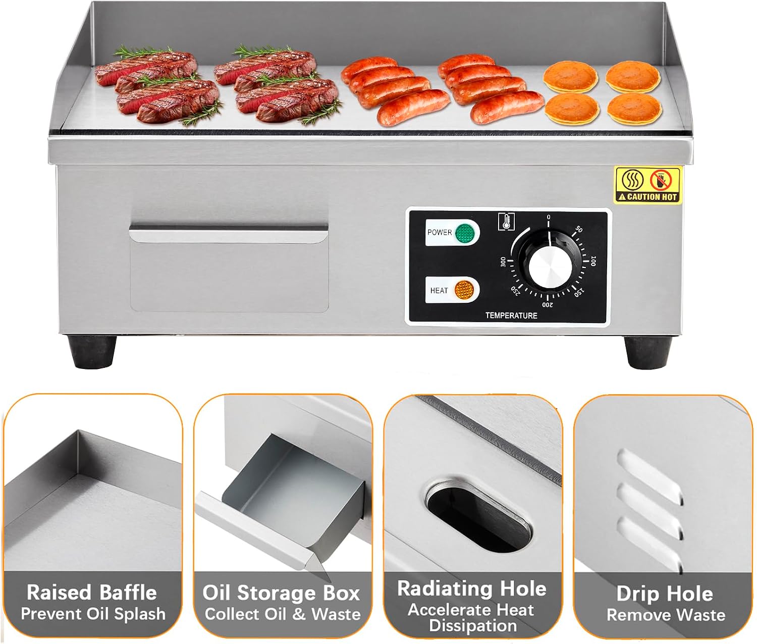 Takywep 18' Commercial Electric Griddle, Stainless Steel Countertop Griddle, Electric Flat Top Grill With Shovel Brush, Restaurant Teppanyaki Grill Cooking Equipment, Temperature Control 50°C - 300°C