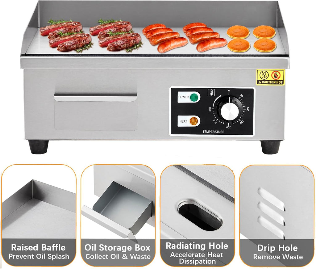 18' Commercial Electric Griddle, Flat Top Griddle With Shovels Brushes, Non-Stick Countertop Electric Griddle for Restaurants Food Trucks, 110V/1600W, Adjustable Temperature Control
