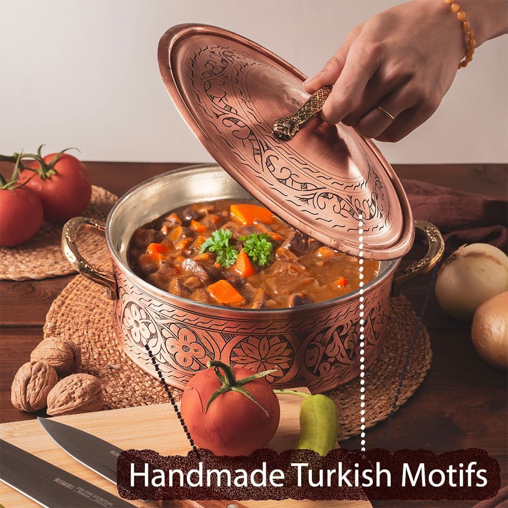 Vintage 100% Pure Solid Copper Hammered Handmade Engraved Cookware Cooking Stew Pot Braiser Lid Pan Oven Fancy Serving Nonstick Handle Non Stick Decorative Kitchen Decor Indian Turkish (3 Quarts)