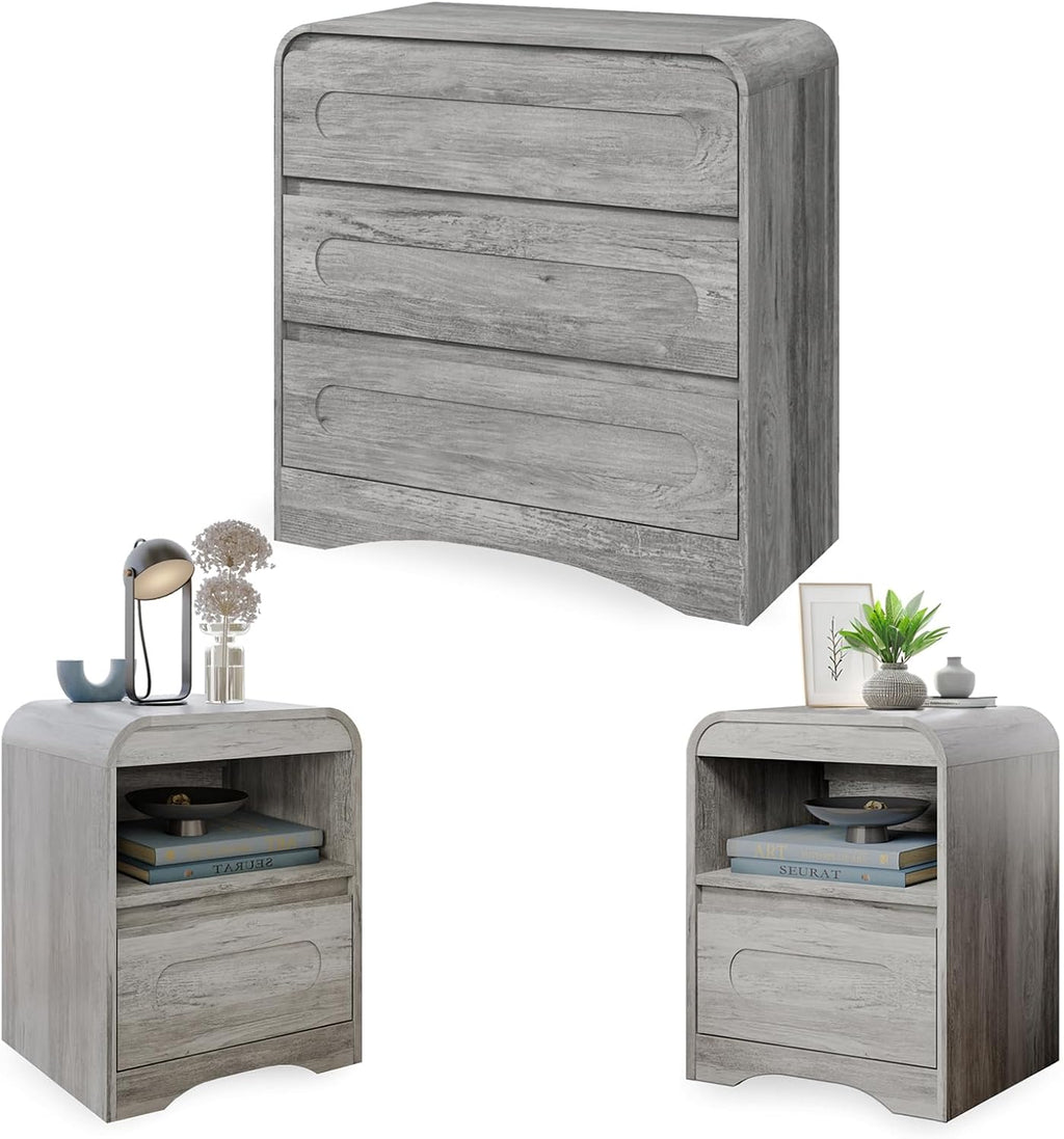 3 Piece Bedroom Set, Dresser and Nightstand Sets for Bedroom, Wood 3 Drawer Dresser & Night Stand Set of 2, Wide Chest of Drawers Modern Storage Cabinet Bedroom Furniture Set, Grey