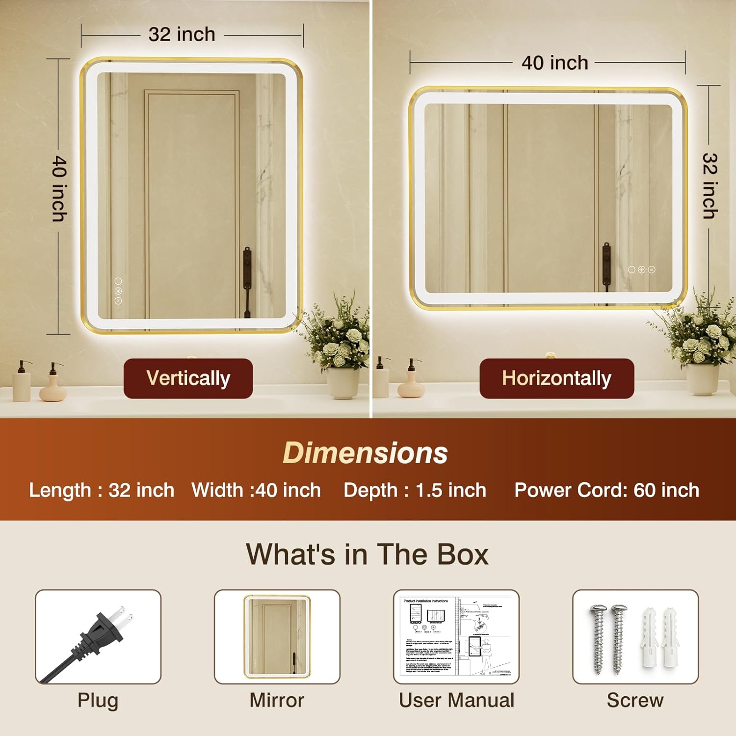 32x40 Inch LED Bathroom Mirror with Gold Frame,Front and Backlit Vanity Mirror,Tempered Glass,Stepless Dimmable Wall Mirrors with Anti-Fog, 3 Colors, Memory, Waterproof, LED Smart Bathroom Mirror