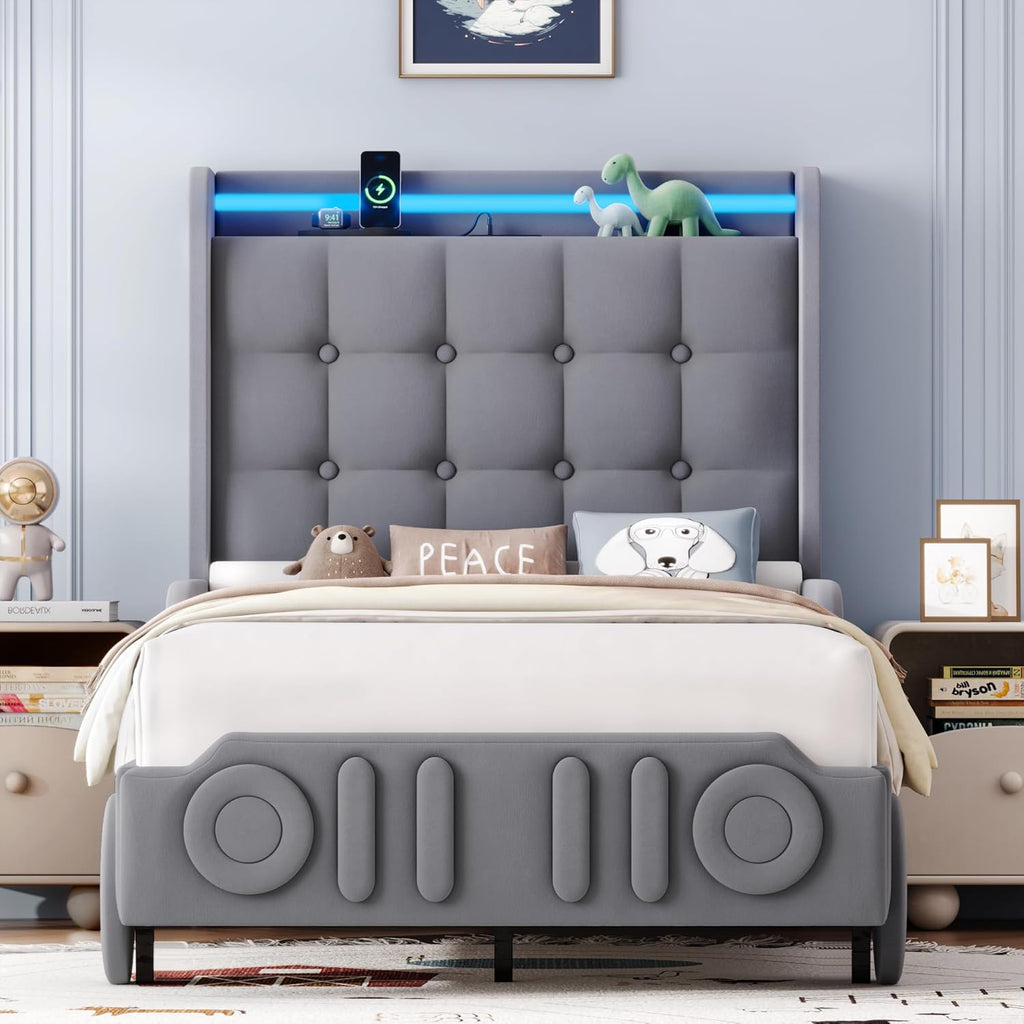 Keyluv Twin Car Bed Frame with LED Lights and Charging Station, Upholstered Platform Bed with Button Tufted Headboard and Wheels, No Box Spring Needed, Noise-Free, Easy Assembly, Velvet Grey