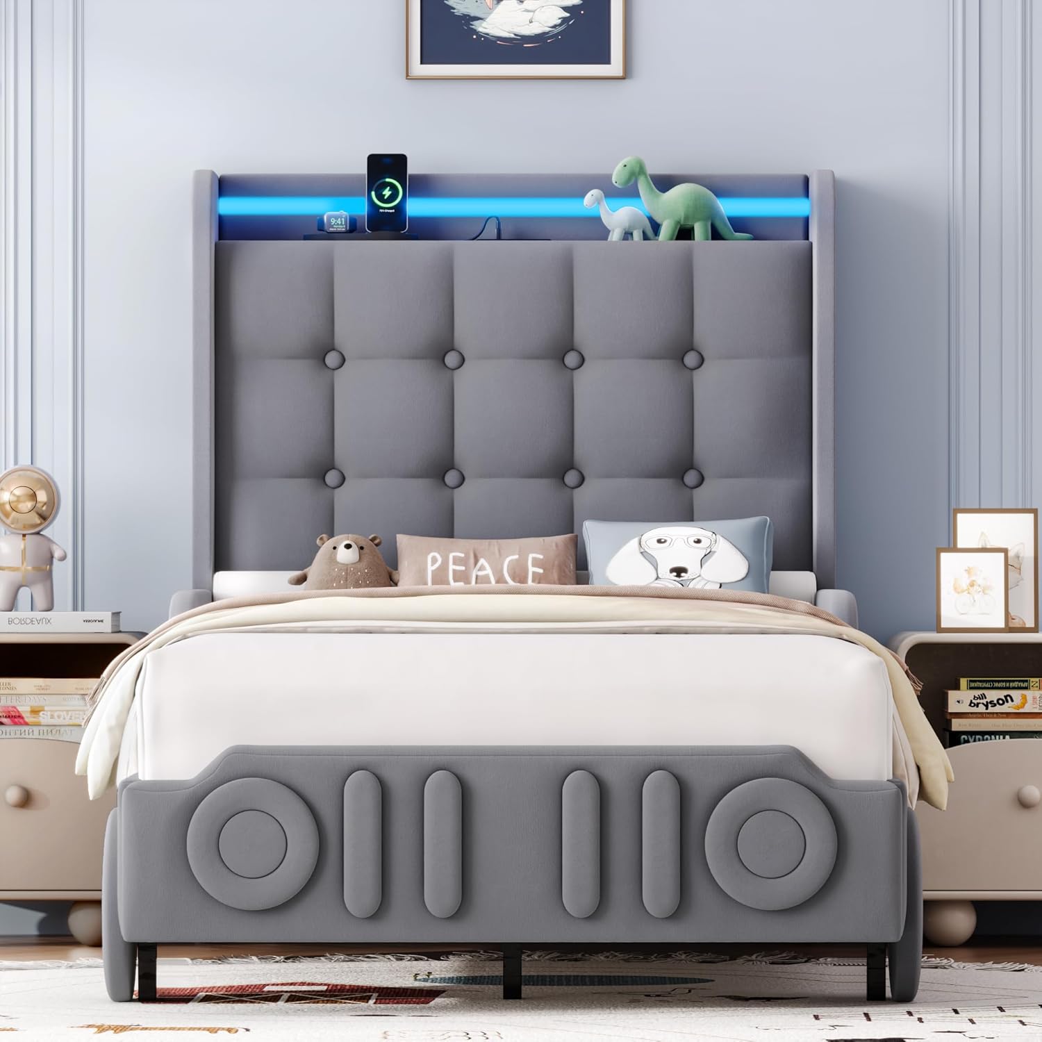 Keyluv Twin Car Bed Frame with LED Lights and Charging Station, Upholstered Platform Bed with Button Tufted Headboard and Wheels, No Box Spring Needed, Noise-Free, Easy Assembly, Velvet Grey