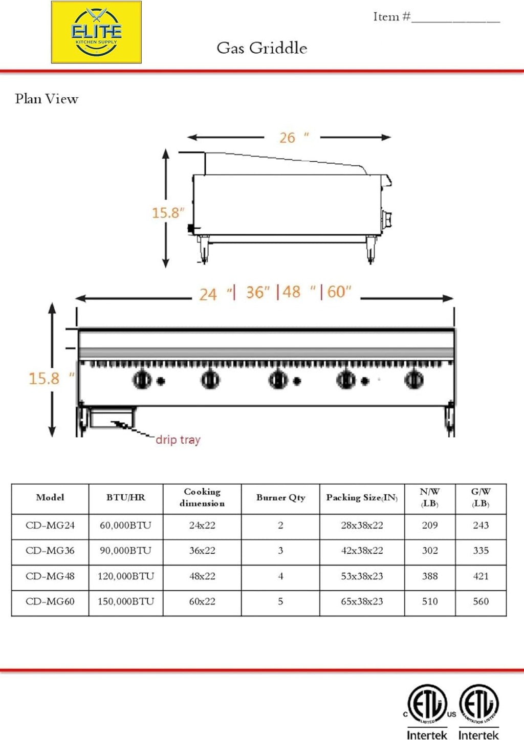 Commercial Manual Griddle ETL Propane LP Natural Gas, Flat Top Grill Stove, 36'