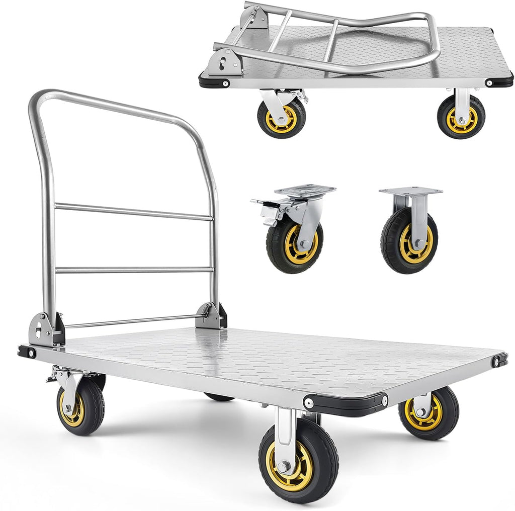 VEVOR Heavy Duty Platform Truck, 2000 LBS Steel Large Flatbed Cart with 360° Swivel Wheels & Brakes, Foldable Platform Hand Push Truck Dolly for Easy Storag/Groceries/Garage/Warehouse (36' X 24')
