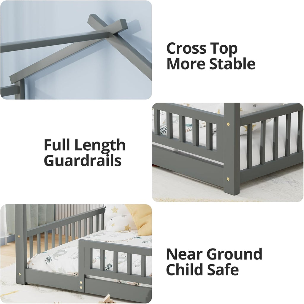 LLS Full Size House Bed with Fence, Wooden Montessori Bed with Slats Support, Floor Bed Frame for Boys Girls Bedroom, Gray