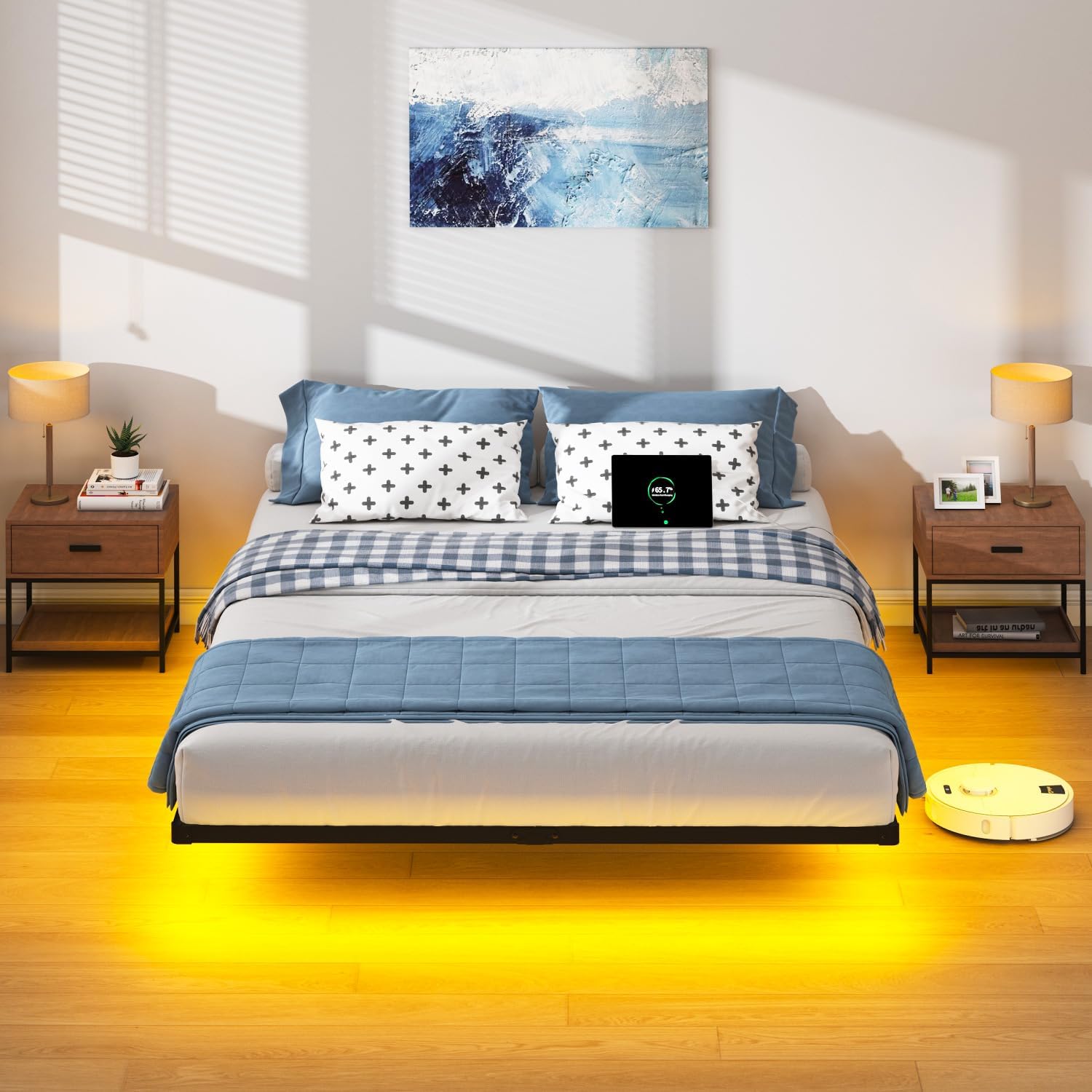 HAVONIZD Queen Floating Bed Frame with LED Lights and Charging Station - 10 inch Platform Bed Frame No Box Spring Needed, Easy Assembly