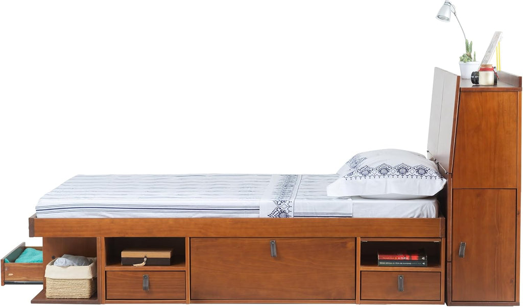 memomad Bali Set: Storage Platform Bed with Drawers + Bookcase Headboard (Full Size, Caramel Brown Wood)