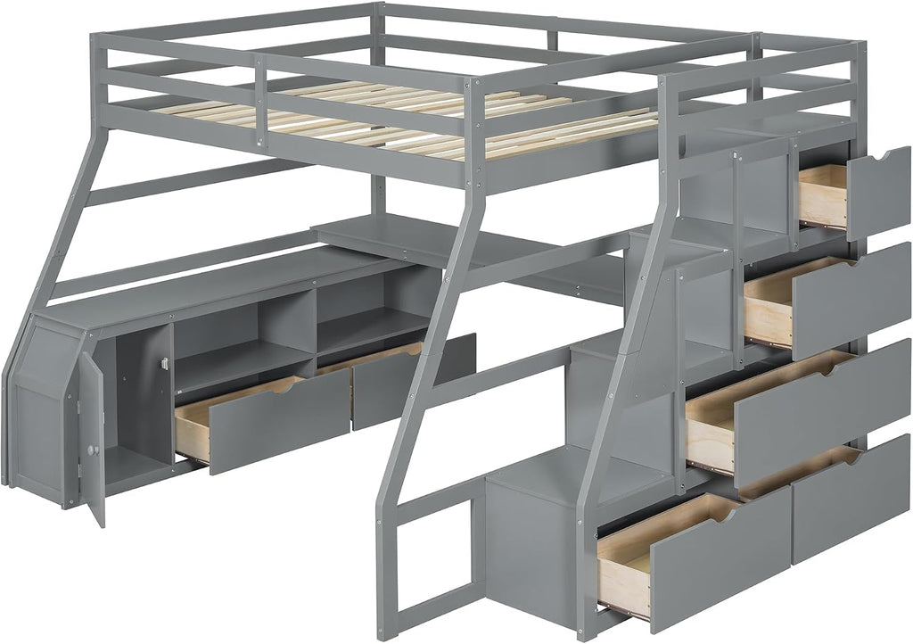 Bellemave Full Loft Bed with Desk & Storage Stairs Wood Loft Beds with Cabinet and 7 Drawers and 2 Shelves High Loft Bed Frame with Step for Kids, Juniors, Teen, Boys, Girls, Grey