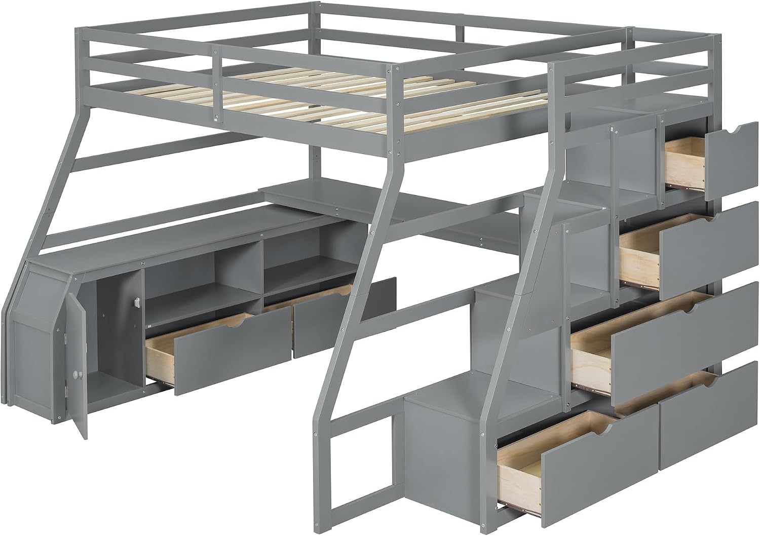 Bellemave Full Loft Bed with Desk & Storage Stairs Wood Loft Beds with Cabinet and 7 Drawers and 2 Shelves High Loft Bed Frame with Step for Kids, Juniors, Teen, Boys, Girls, Grey