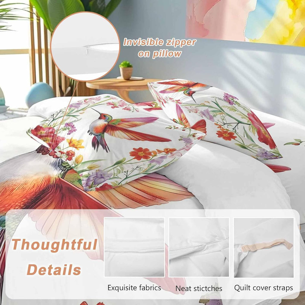 Retro Duvet Cover Set Queen Size 4 Pieces Hummingbird Colorful Floral Pastoral Spring Scenery Bedding Set with Zipper Closure, 1 Comforter Cover 90x92 Inches 1 Flat Sheet & 2 Pillow Cases