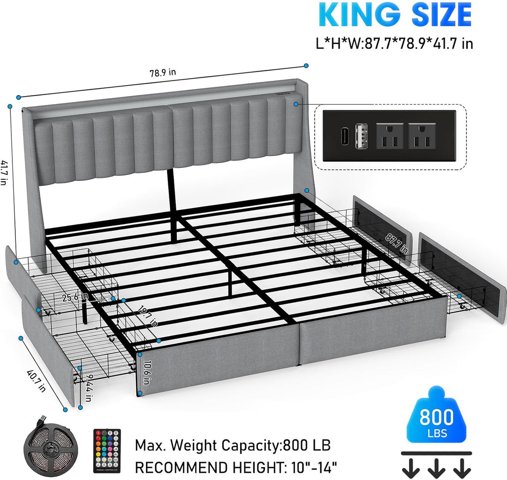 UINTAI King Size Bed Frame with LED Lights and Charging Station, Upholstered Platform Bed with Storage Headboard and 4 Drawers, Metal Slat Support, Noise-Free, No Box Spring Needed, Easy Assembly